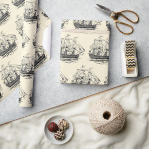 Papel De Regalo Galeón de Piratas Vintage, boceto de un barco con