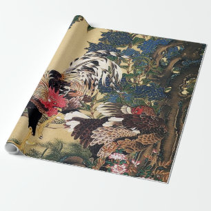Papel De Regalo Gallo, gallina y hortensia de Ito Jakuchu