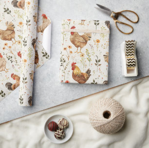 Papel De Regalo Gallos de granja pollos flores