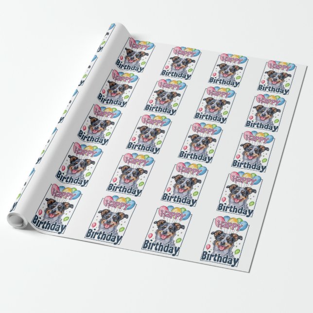 Papel De Regalo Ganado australiano con globos Cumpleaños (Desenrollado)