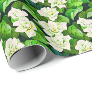 Papel De Regalo Gardenias blancas y hojas verdes de jade
