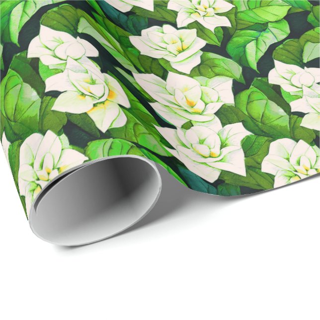 Papel De Regalo Gardenias blancas y hojas verdes de jade (Esquina del rollo)