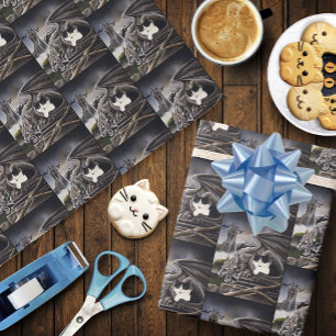 Papel De Regalo Gargoyle de gato blanco negro
