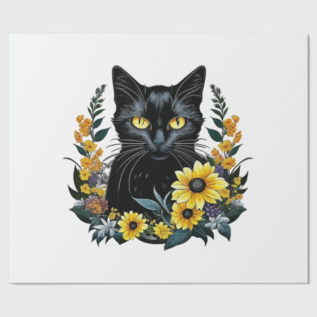 Papel De Regalo gata negra con flores (Superficie plana)