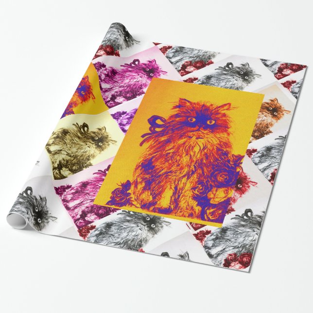 Papel De Regalo GATITO CON ROSAS ROJAS,Naranja Amarillo,Azul (Desenrollado)