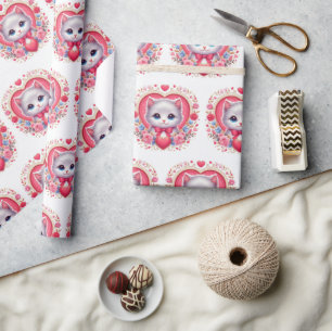 Papel De Regalo Gatito con tinte de flor con corazón romántico flo