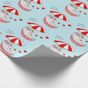 Papel De Regalo Gatito de cumpleaños en hamaca roja y blanca