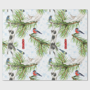 Papel De Regalo gatito de Navidad con pájaros