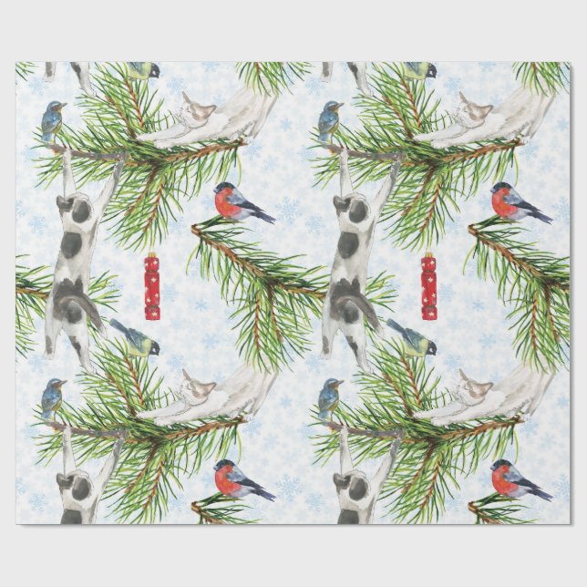 Papel De Regalo gatito de Navidad con pájaros (Superficie plana)