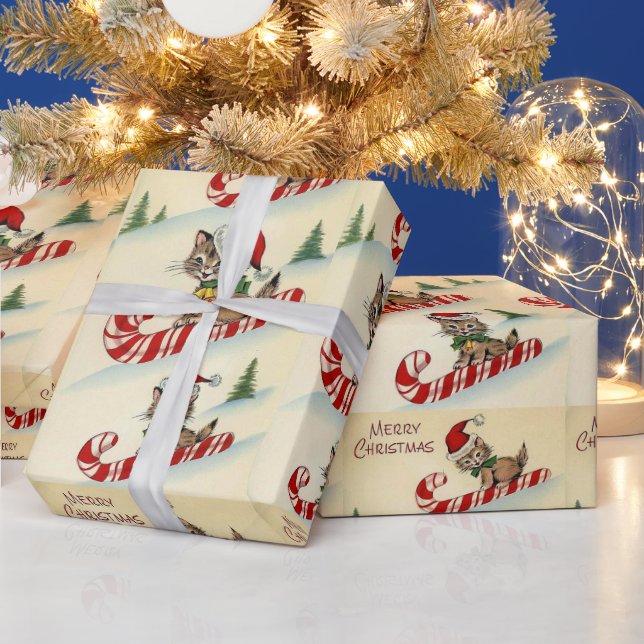 Papel De Regalo Gatito de Navidad montando un bastón de caramelo (Vacaciones)