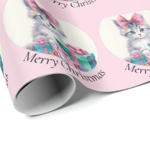 Papel De Regalo Gatito Dulce De Navidad Lazo Rosa Grande Agregar N