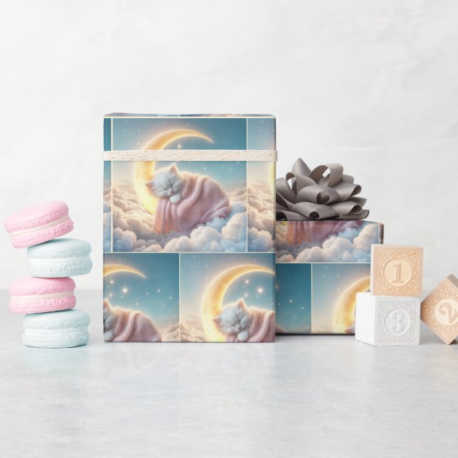 Papel De Regalo Gatito durmiente en una luna creciente (Baby Shower)