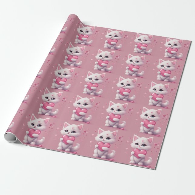 Papel De Regalo Gatito Fluffy White Love (Desenrollado)