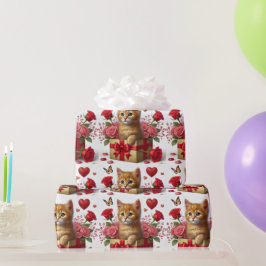 Papel De Regalo Gatito Rojizo Amor en Caja del Día de San Valentín
