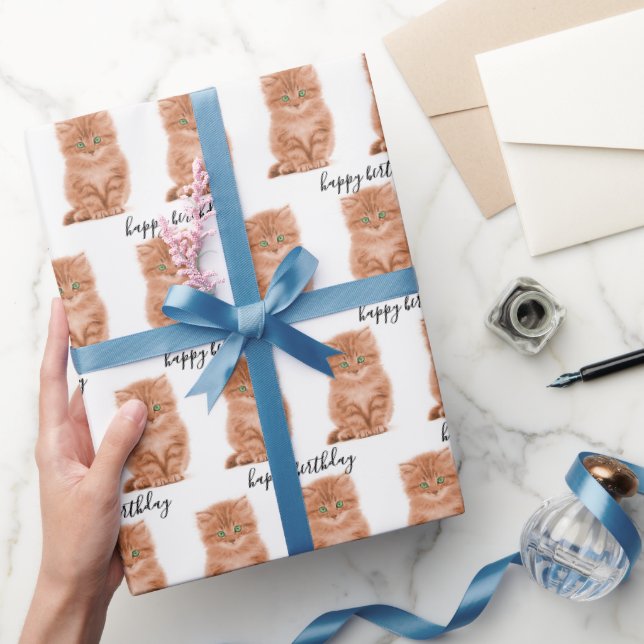 Papel De Regalo Gatito Tabby Cumpleaños Sobre Blanco (Regalar)