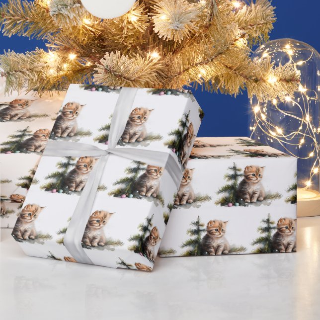 Papel De Regalo Gatitos acuarelas con adornos navideños (Vacaciones)