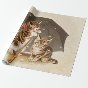 Papel De Regalo Gatitos antiguos bajo paraguas arte de gato antigu