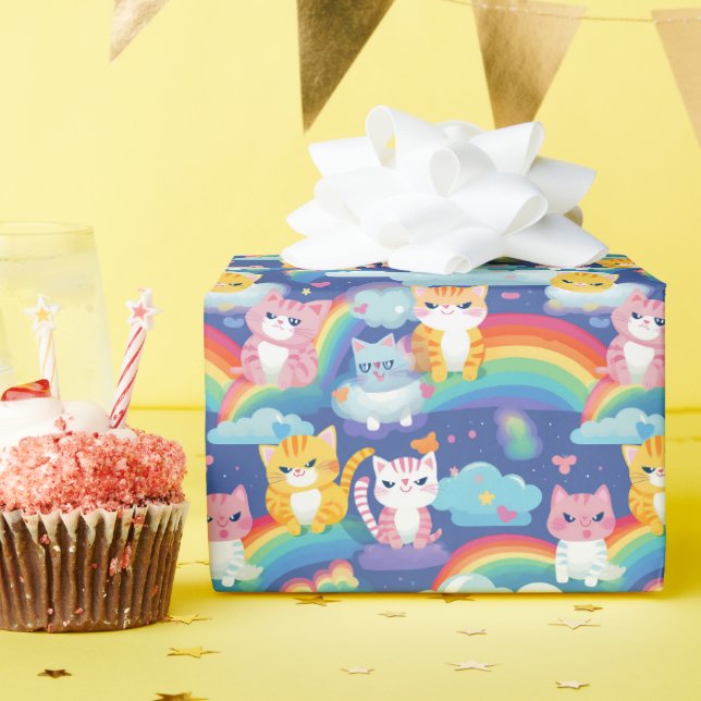 Papel De Regalo Gatitos en nubes arcoiris Feliz Gato (Fiesta de cumpleaños )