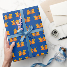 Papel De Regalo Gatitos Naranjas Adorables Sobre Fondo Azul