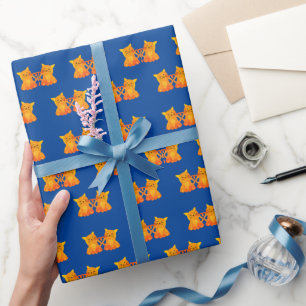 Papel De Regalo Gatitos Naranjas Adorables Sobre Fondo Azul