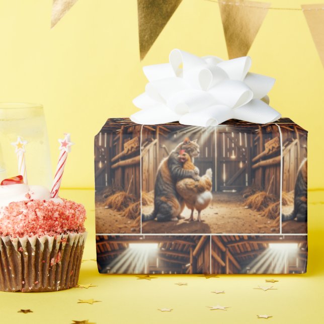 Papel De Regalo Gato abrazando una granja de pollo (Fiesta de cumpleaños )