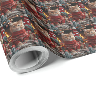 Papel De Regalo Gato Angora Turco con regalos de Navidad Chimenea 