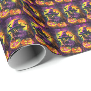 Papel De Regalo Gato Angora Turco Espeluznante de Halloween Bruja 