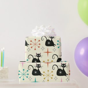Papel De Regalo Gato atómico negro de mediados de siglo con estall