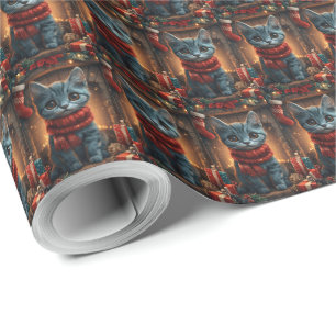 Papel De Regalo Gato Azul Oriental con Chimenea de Regalo de Navid