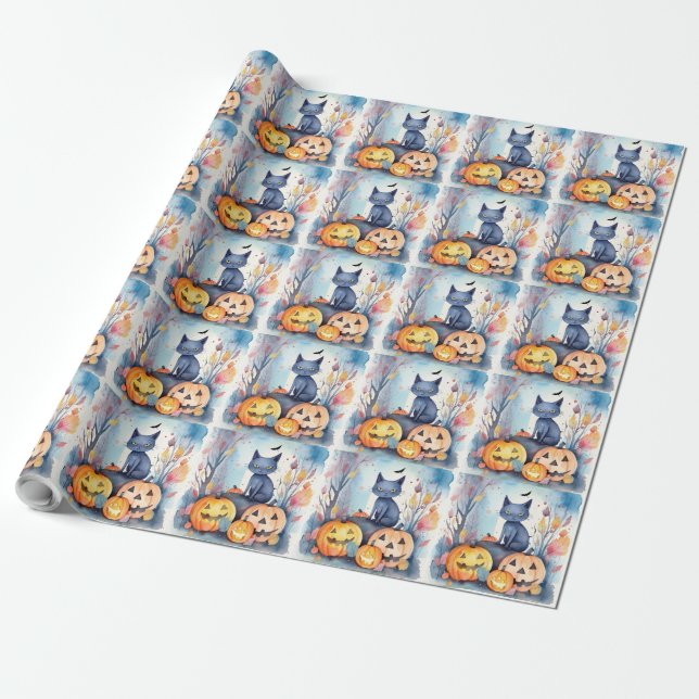 Papel De Regalo Gato azul oriental de Halloween con calabazas ater (Desenrollado)