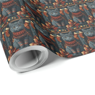Papel De Regalo Gato Azul Ruso con regalos de Navidad Chimenea