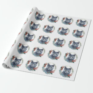 Papel De Regalo Gato Azul Ruso Corona de Navidad Gatito Festivo