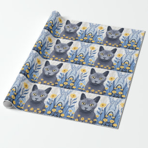 Papel De Regalo Gato Azul Ruso Flores Amarillas