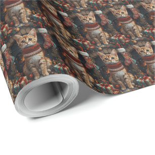 Papel De Regalo Gato Bengal con regalos de Navidad Chimenea