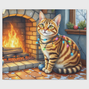 Papel De Regalo Gato Bengal Hogar con Luces de Navidad