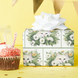 Papel De Regalo Gato Blanco Acuarela En Daisies