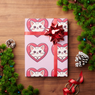 Papel De Regalo Gato Blanco Adorable con Corazón Diseño de Amor Ga