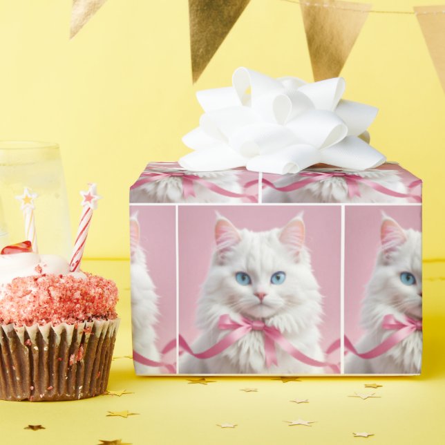 Papel De Regalo Gato blanco con arco rosado (Fiesta de cumpleaños )