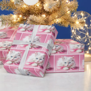 Papel De Regalo Gato blanco con cintas rosadas