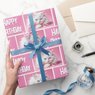 Papel De Regalo Gato blanco con cintas rosadas
