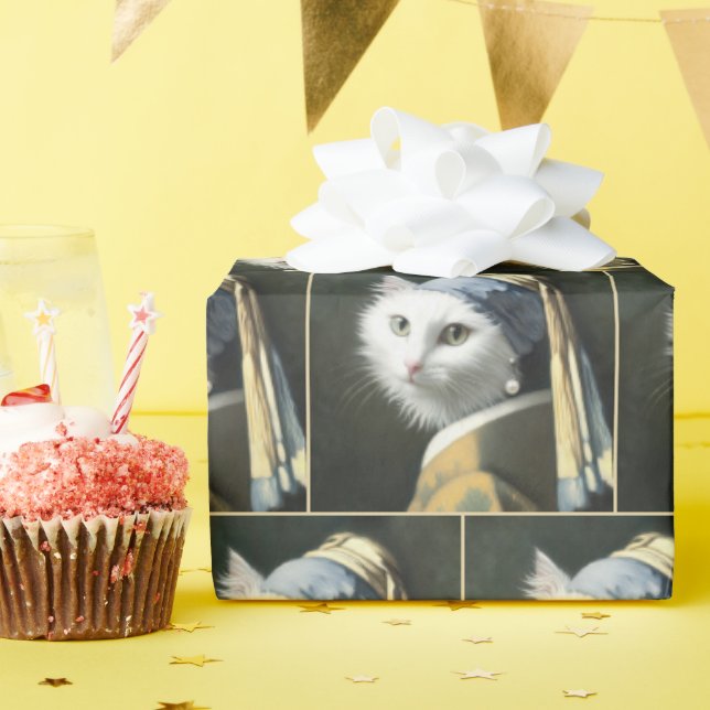 Papel De Regalo Gato blanco con una perla (Fiesta de cumpleaños )