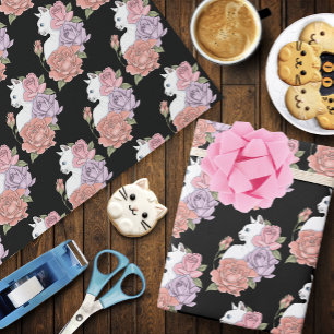 Papel De Regalo Gato Blanco Floral Pastel Botánico Romántico Negro