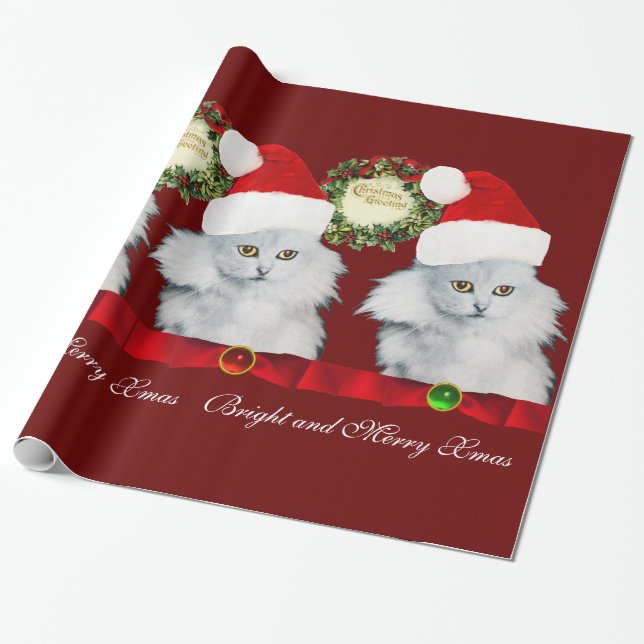 PAPEL DE REGALO GATO BLANCO, GORRA SANTA CLAUS Y NAVIDADES CRUZADO (Desenrollado)