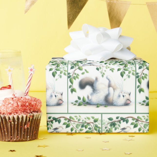 Papel De Regalo Gato blanco juguetón con pájaro (Fiesta de cumpleaños )
