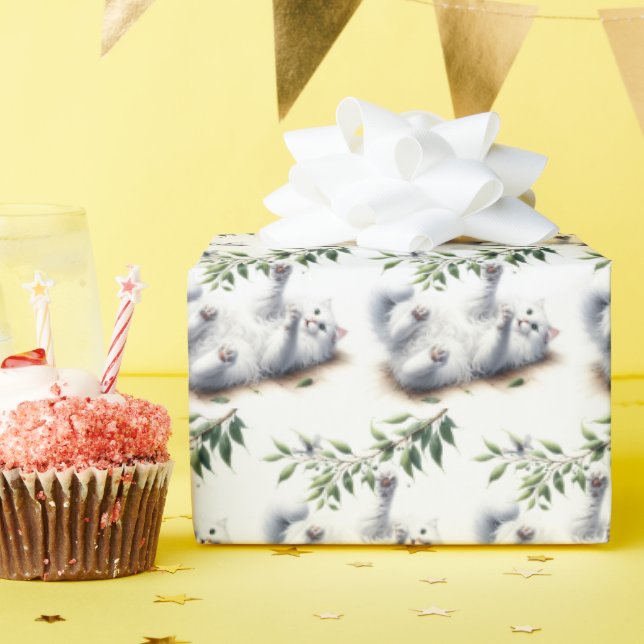 Papel De Regalo Gato blanco juguetón con rama de árbol (Fiesta de cumpleaños )