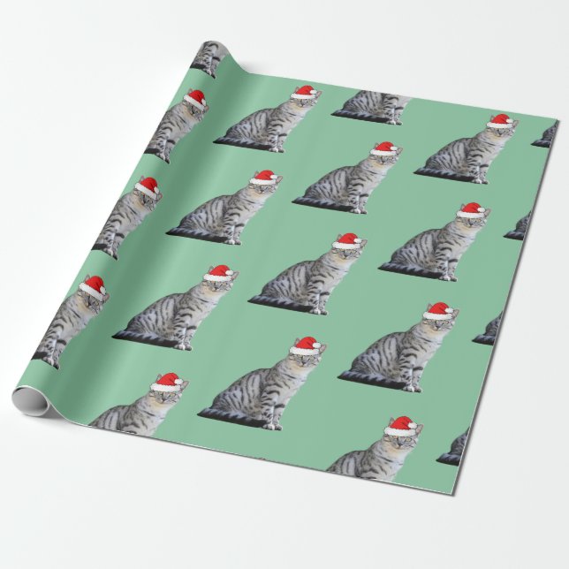 Papel De Regalo Gato blanco rayado gris con sombrero Santa (Desenrollado)