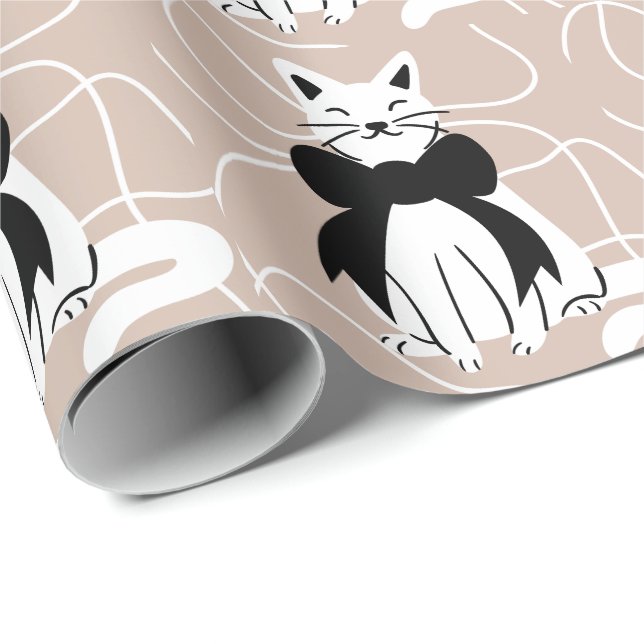 Papel De Regalo Gato blanco y negro con línea abstracta (Esquina del rollo)