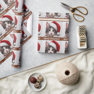 Papel De Regalo Gato Bobtail japonés, navidades Santa Kitten