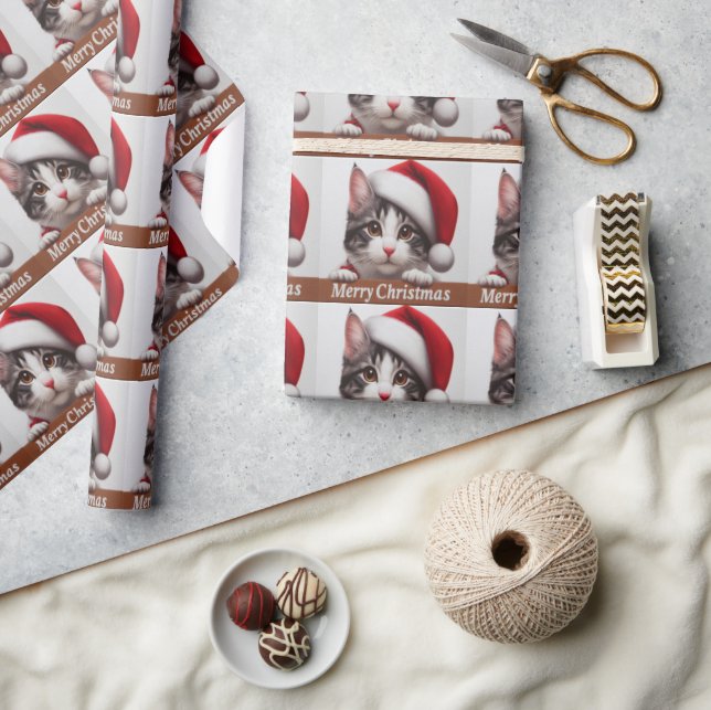 Papel De Regalo Gato Bobtail japonés, navidades Santa Kitten (Artesanía)