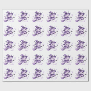 Papel De Regalo Gato bruja morado lindo en escoba Halloween
